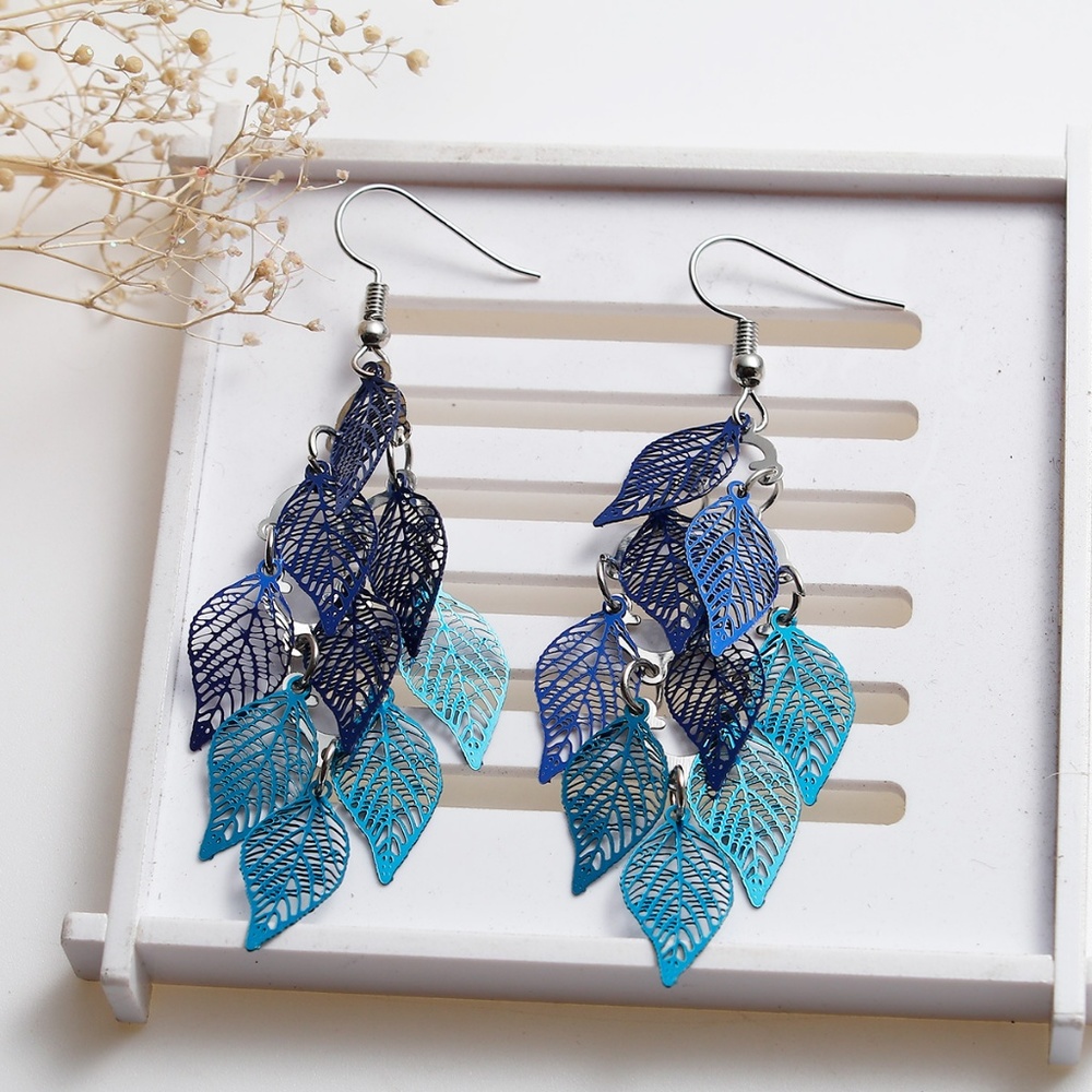 Beautiful Tones of Blue Filigree Leaves Earrings - Picture 2 of 5